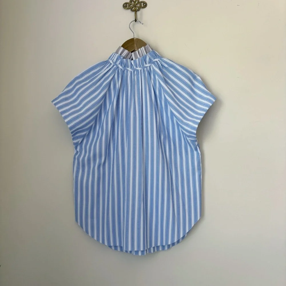 Sundays Leah Blue Italian Stripe Ruffle Button Down Shirt XS Preppy Classic - Picture 4 of 6